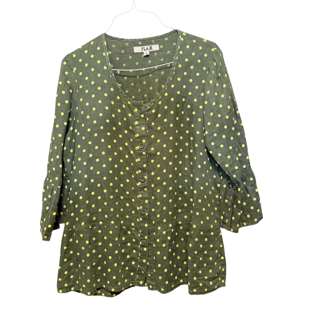 Flax Womens 100% Linen Polka Dot Button Front Peplum Blouse Olive Green Size S
